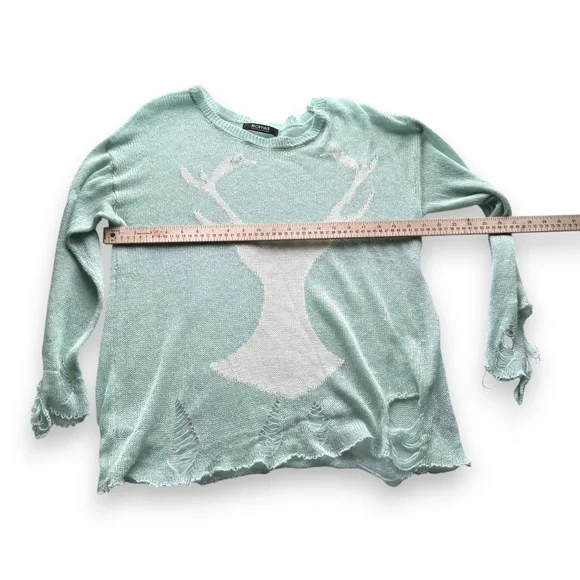 ROMWE mint distressed deer sweater sheer knit long sleeve - Picture 8 of 9